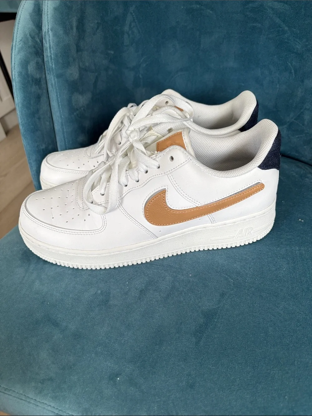 Nike White Sneakers with Tan Swoosh and Navy Heel